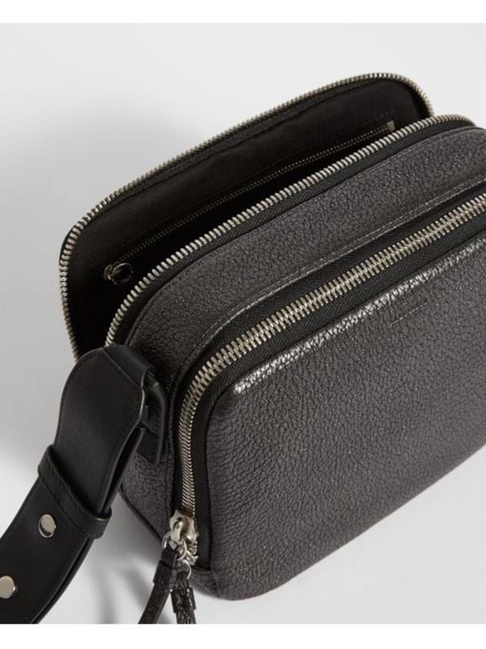 All Saints Vincent Metallic Leather Crossbody Camera Bag in Gunmetal - Picture 2 of 6